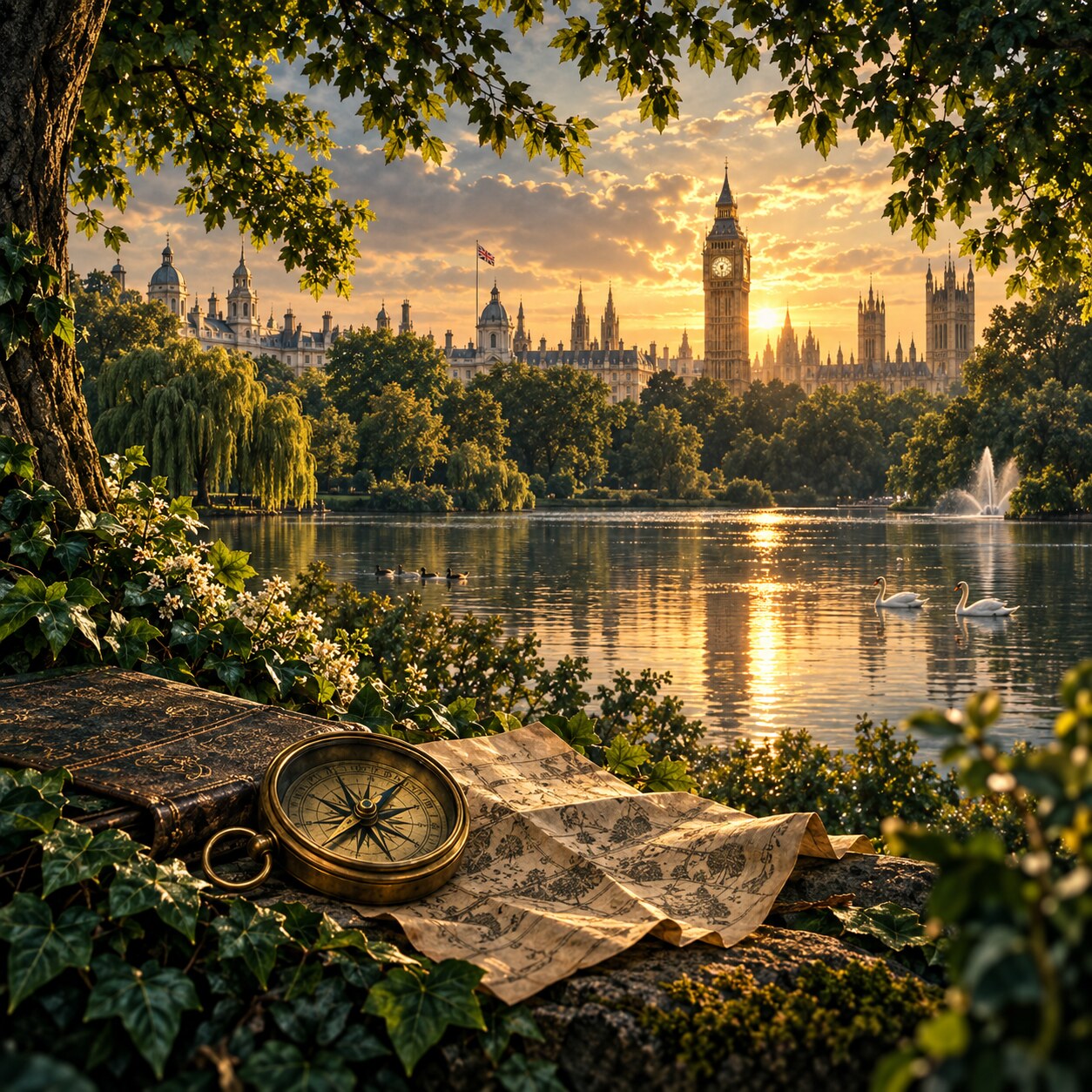 Illustrated London skyline above St James’s Park, with a map and compass