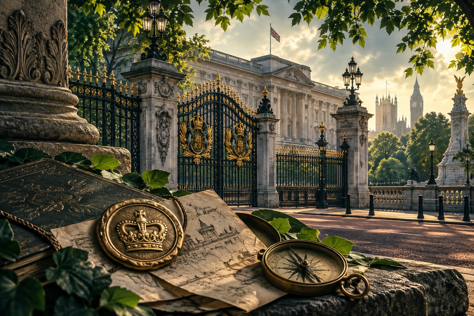 Illustrated royal mystery with a palace, ornate gates and a golden crown emblem